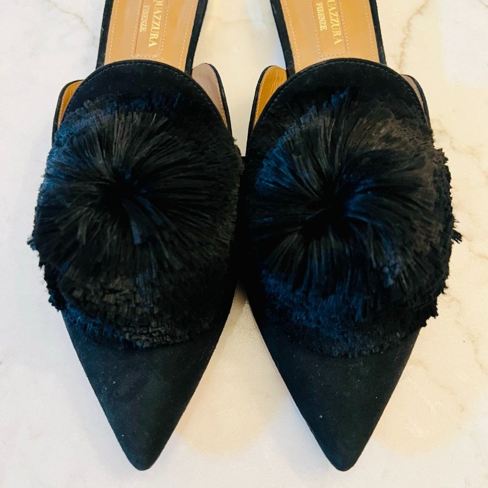 Aquazzura Powder Puff Pom-Pom Slides / Mules, Size 38